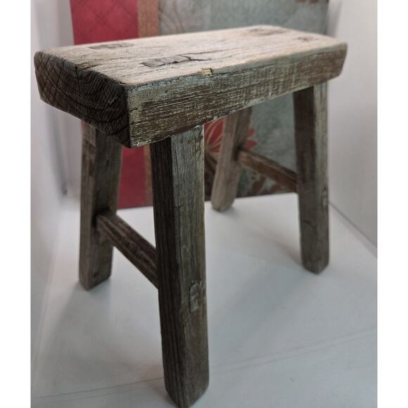 Vintage Chinese Elm Wood Worker Stool 11 X 10 X 4.5 Inch Rustic Sturdy - Picture 2 of 10